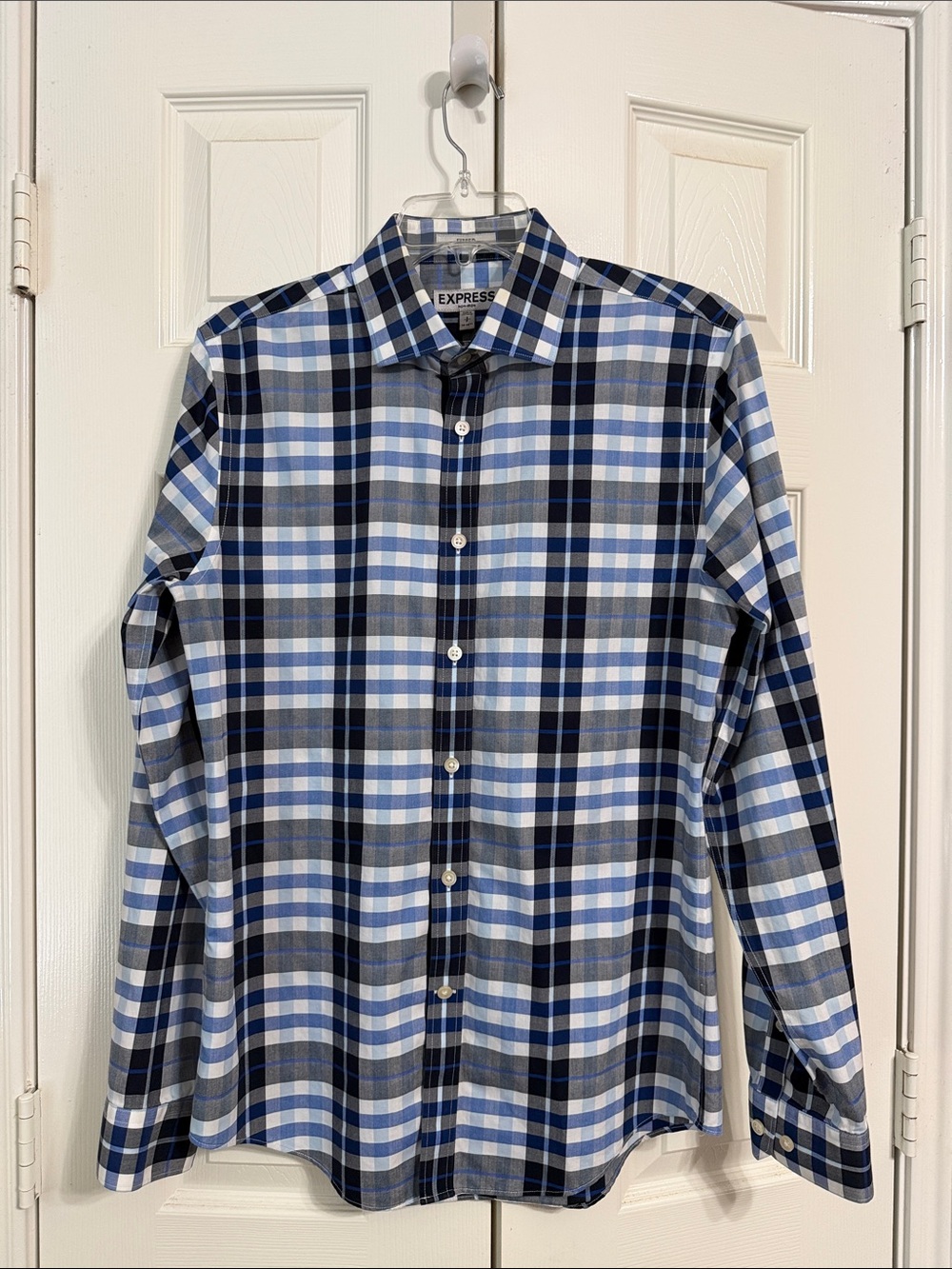 Express Fitted Shirt Mens Size Small Blue and Gray Plaid Button-Down